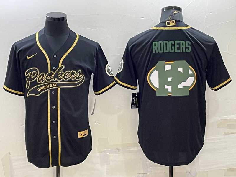 Men%27s Green Bay Packers #12 Aaron Rodgers Black Team Big Logo With Patch Cool Base Stitched Baseball Jersey